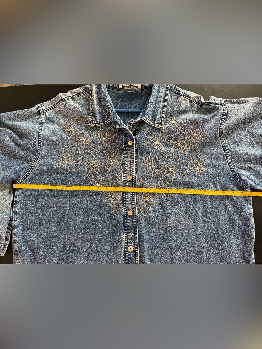 Vintage Club Z Denim Acid Wash Embroidered beaded Studded Oversized Shirt 80s 90 - Picture 11 of 15
